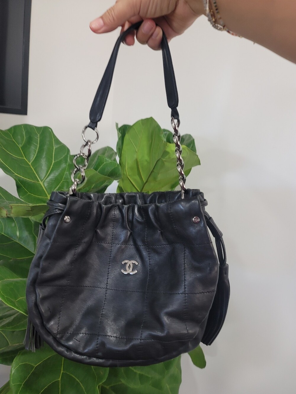 Chanel Black Quilted Drawstring Bucket Bag